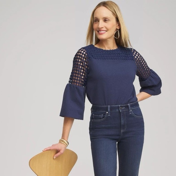 NWOT Chico’s Faux Denim Lace Mix Top - Picture 2 of 9